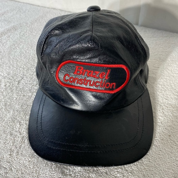 Vintage Other - Vintage Black Leather Red Embroidered Brazel Construction Trucker Hat